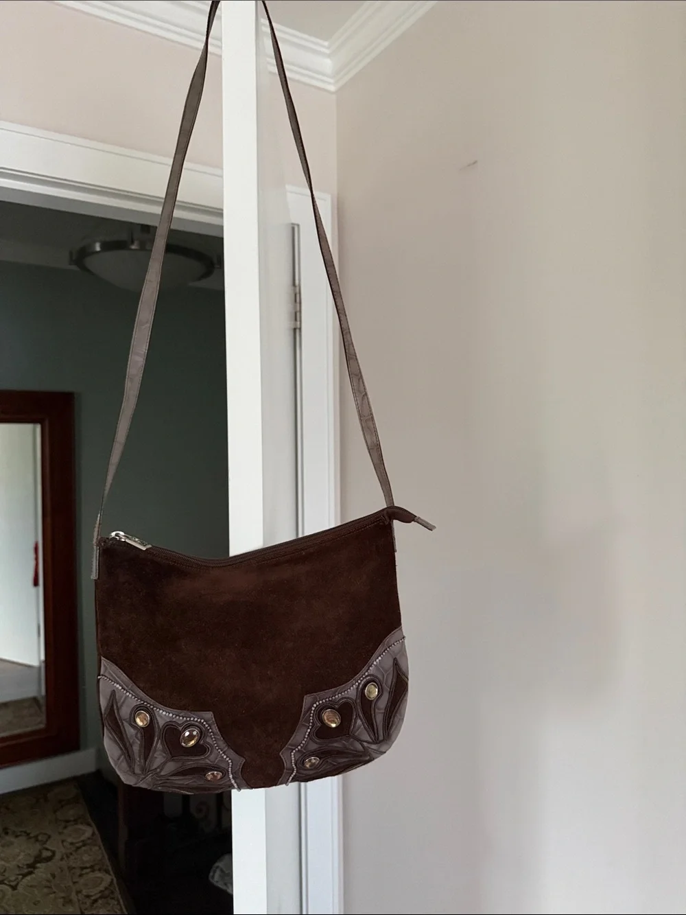 Braccialini vintage Brown Suede Crossbody Bag with Decorative Leather Accents